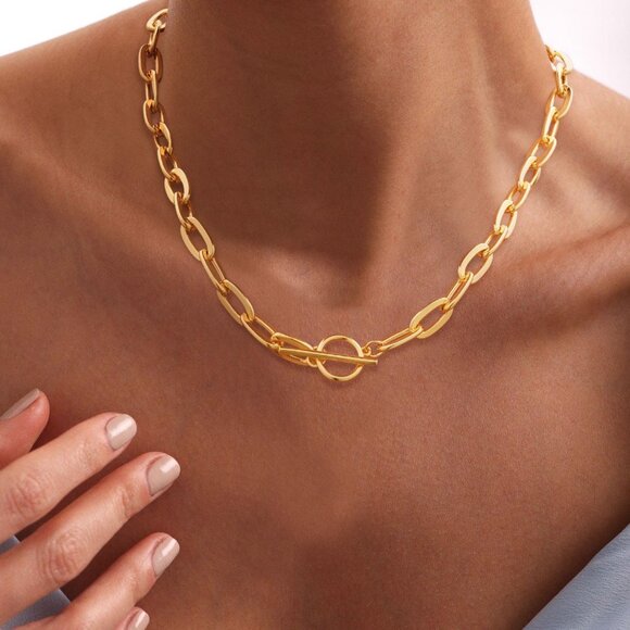 14K Gold Plated Chunky Layered Chain Necklace Sweatproof Non Tarnish Herringbone - Picture 4 of 7